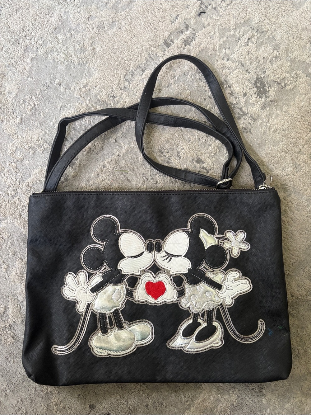Disney Black Crossbody Bag with Kissing Cartoon Mice and Red Heart Patch